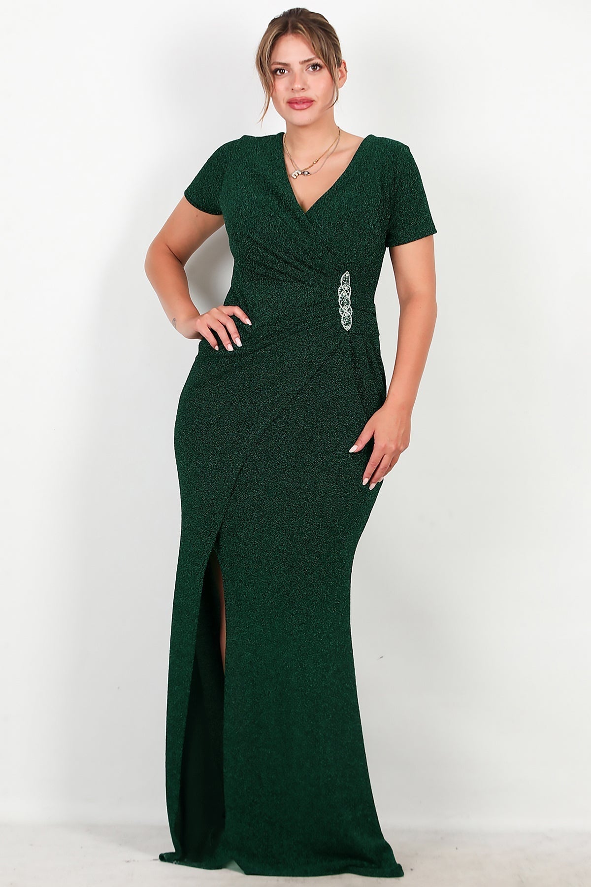 Plus - Size Long Sparkle Evening Dress With Beaded Waist — Emerald