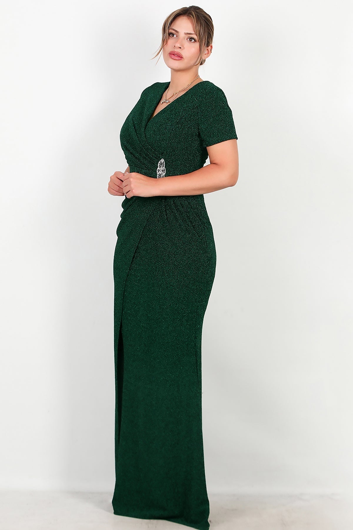 Plus - Size Long Sparkle Evening Dress With Beaded Waist — Emerald