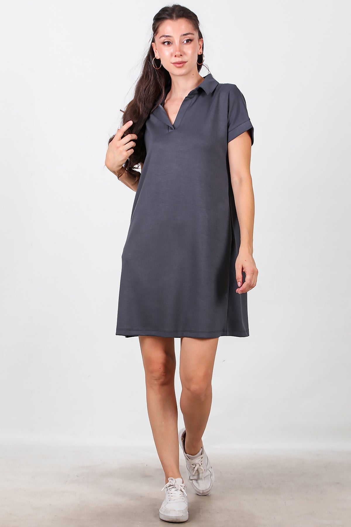 Collared Short Dress — Charcoal