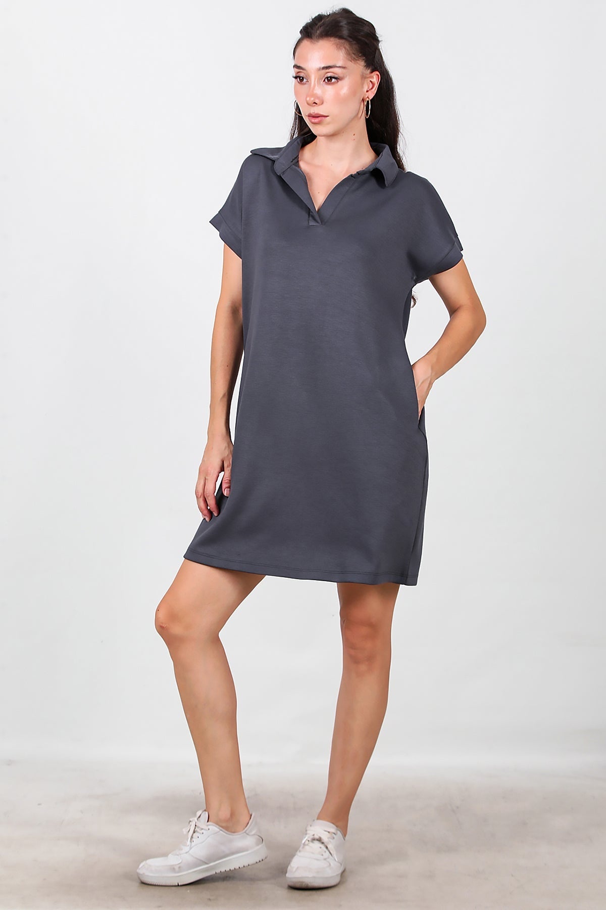 Collared Short Dress — Charcoal