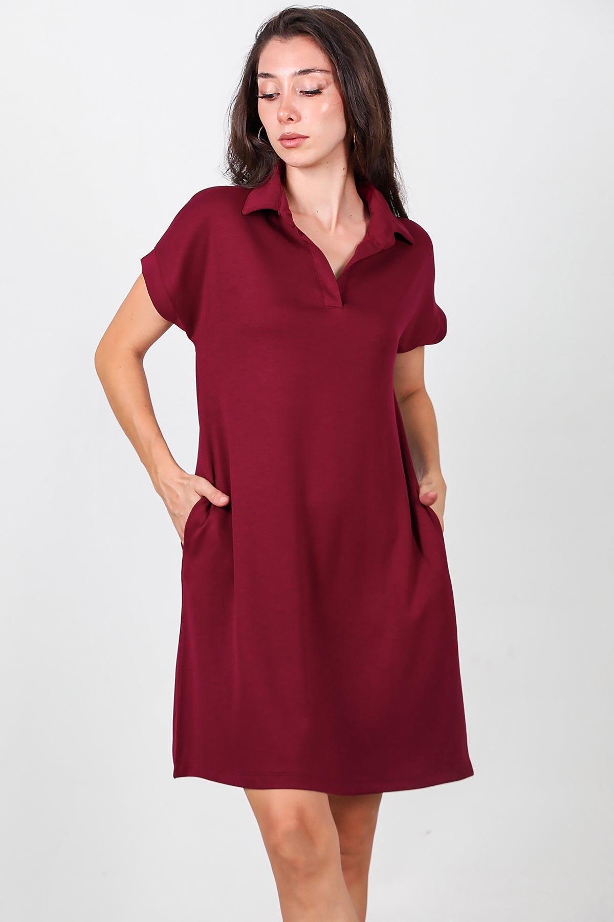 Collared Short Dress — Burgundy