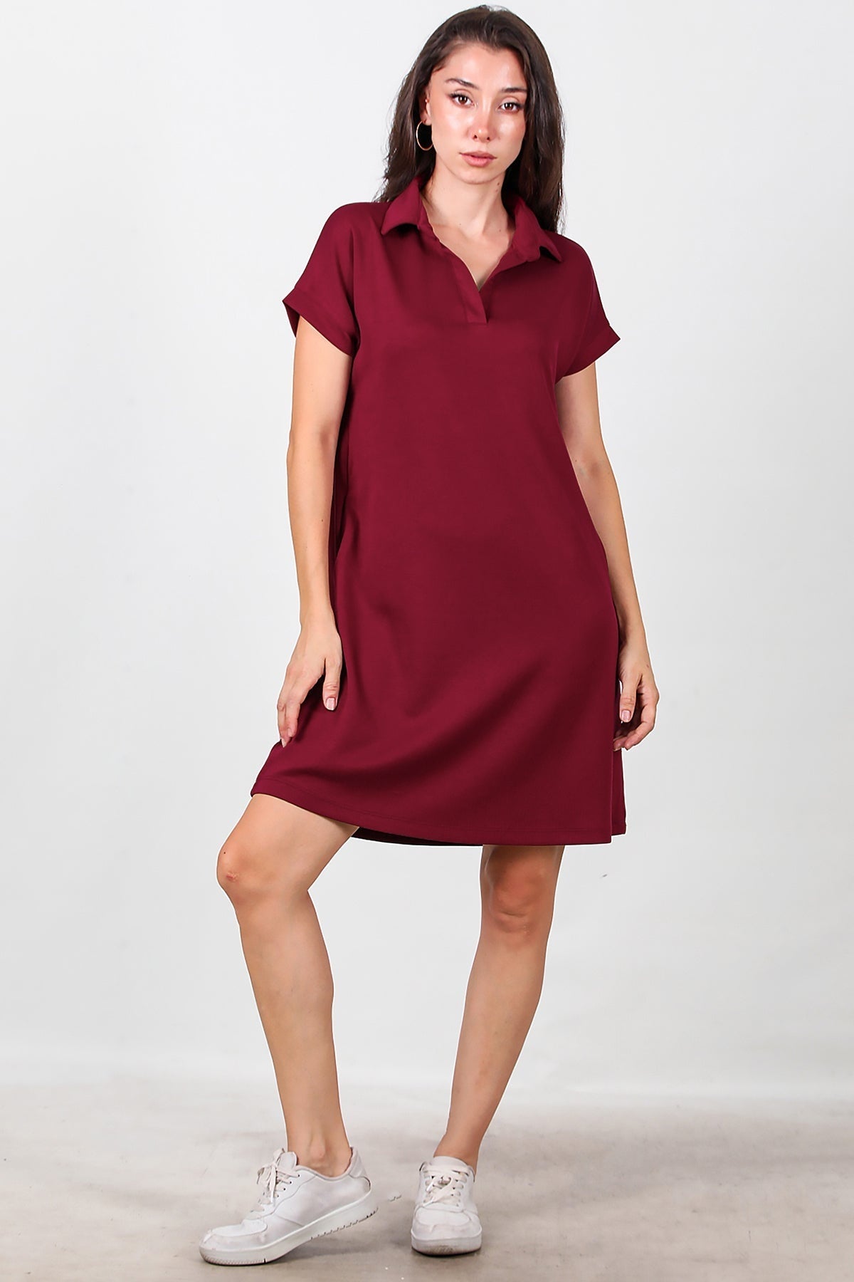 Collared Short Dress — Burgundy