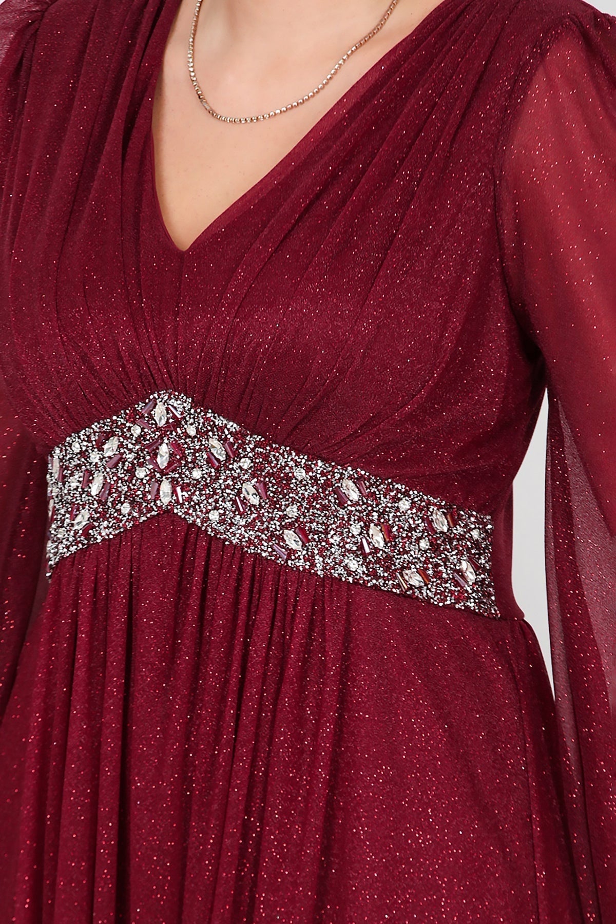 Plus - Size Long Glitter Evening Dress With Waist Embellishment — Burgundy