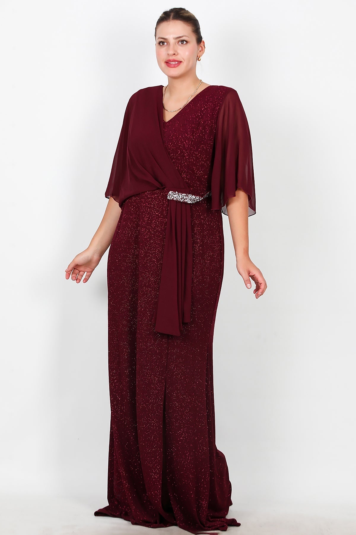 Plus - Size Long Evening Dress With Chiffon Top And Waist Stone Detail — Burgundy