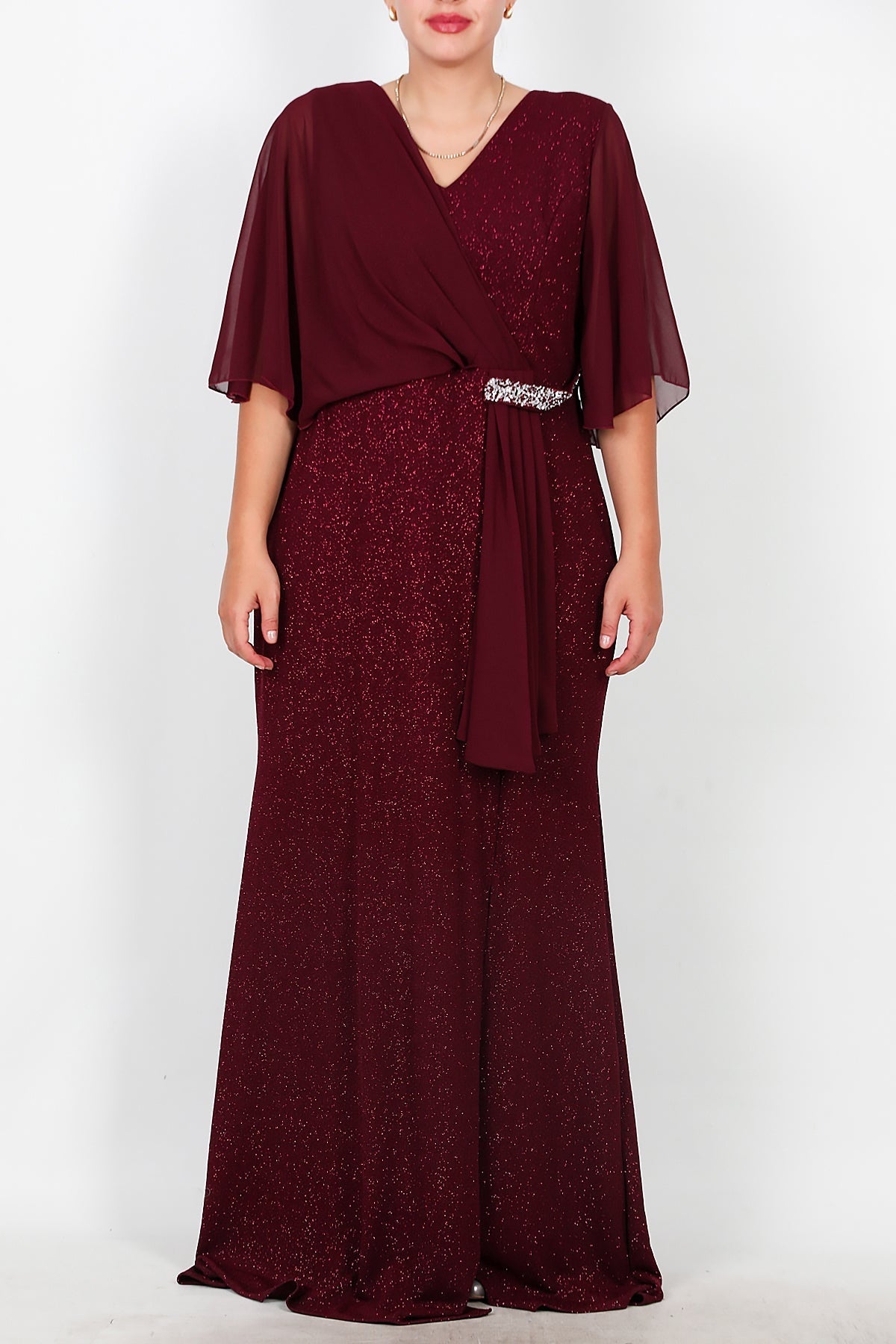 Plus - Size Long Evening Dress With Chiffon Top And Waist Stone Detail — Burgundy