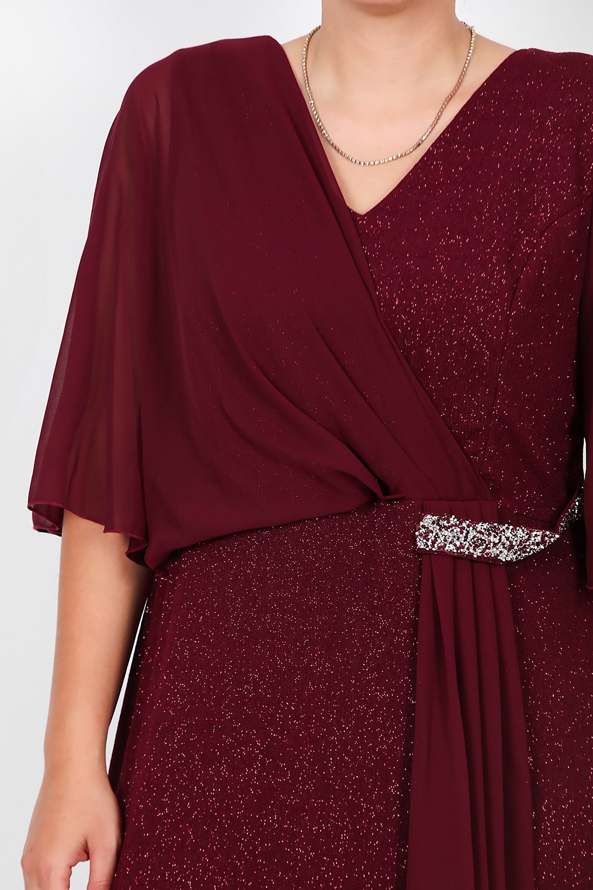 Plus - Size Long Evening Dress With Chiffon Top And Waist Stone Detail — Burgundy