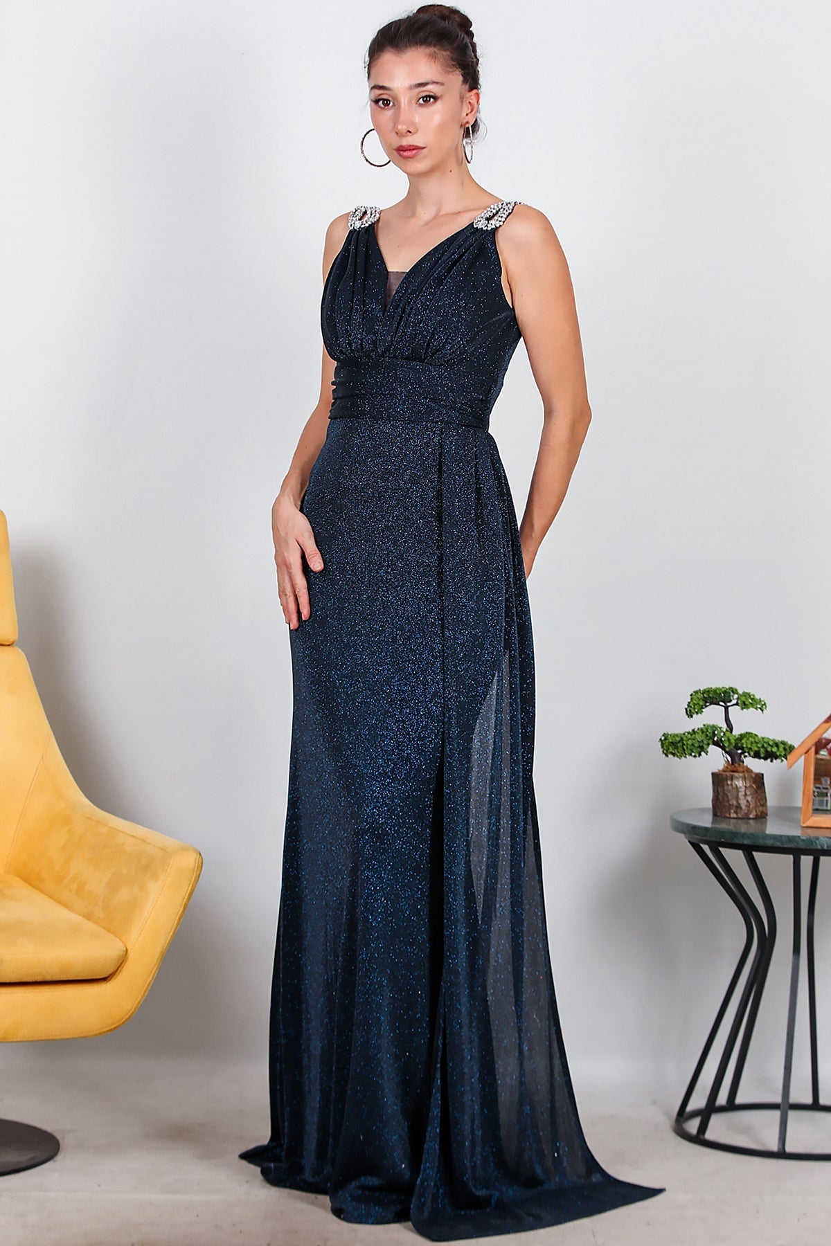 Sparkle Maxi Evening Dress With Shoulder Detail — Navy