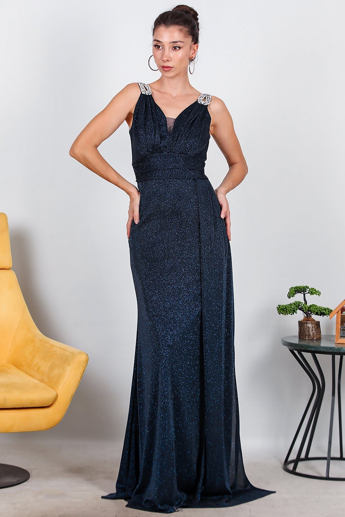 Sparkle Maxi Evening Dress With Shoulder Detail — Navy
