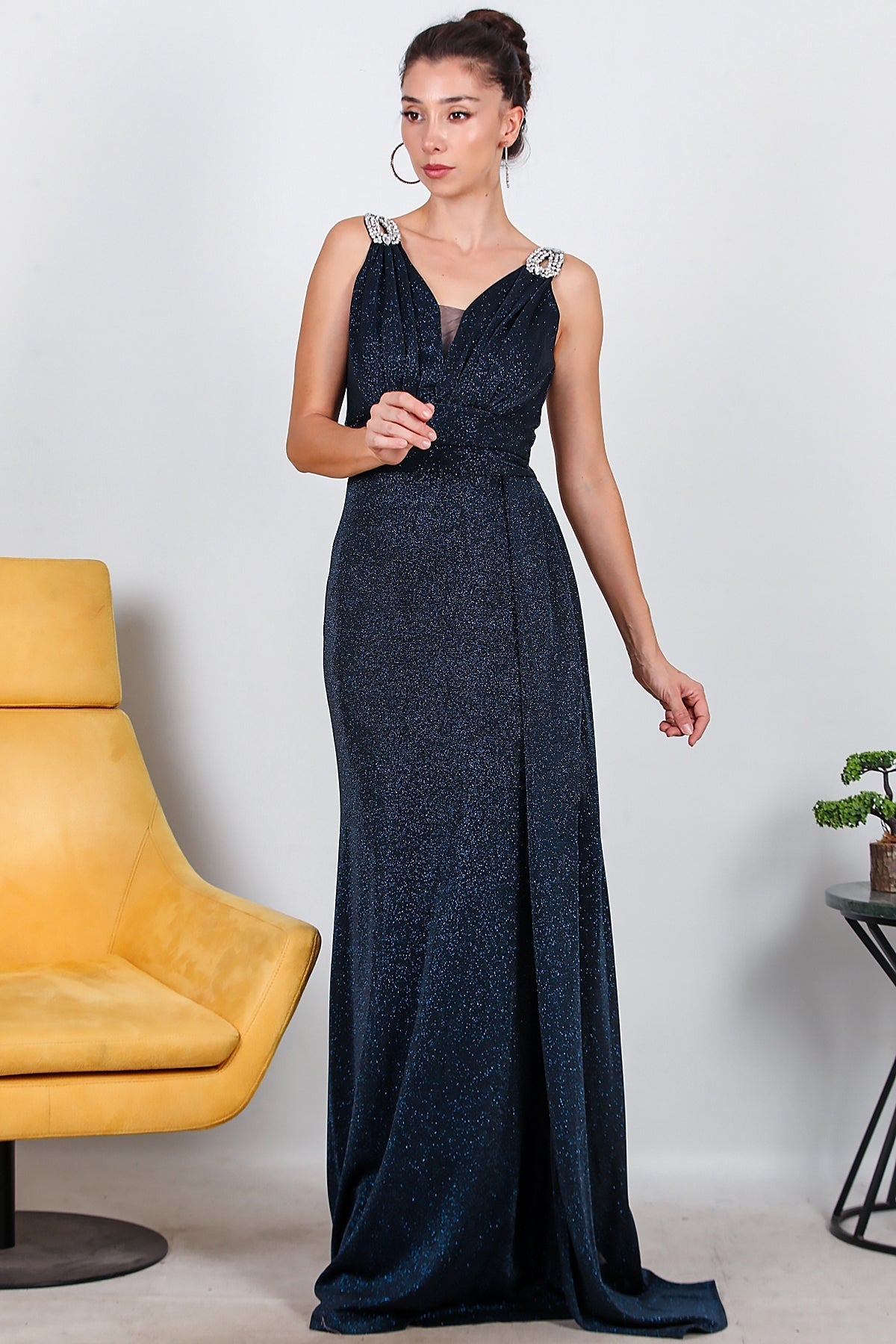 Sparkle Maxi Evening Dress With Shoulder Detail — Navy
