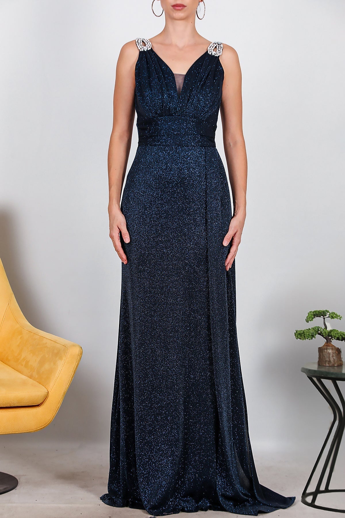 Sparkle Maxi Evening Dress With Shoulder Detail — Navy