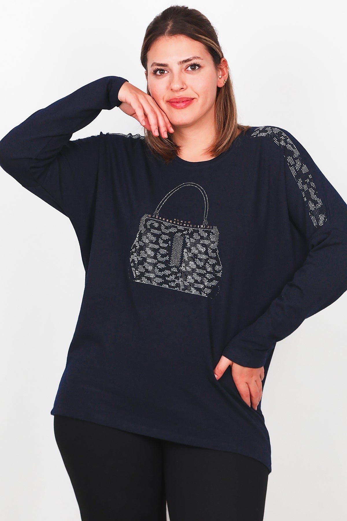 Plus - Size Long - Sleeve Blouse With Front Pocket — Navy
