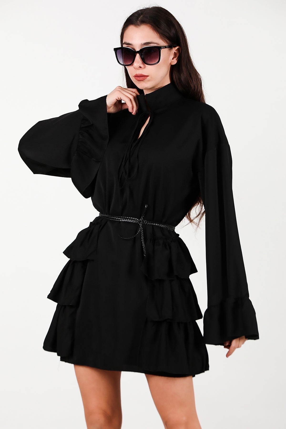 Dress With Side And Sleeve - Edge Ruffles – Black