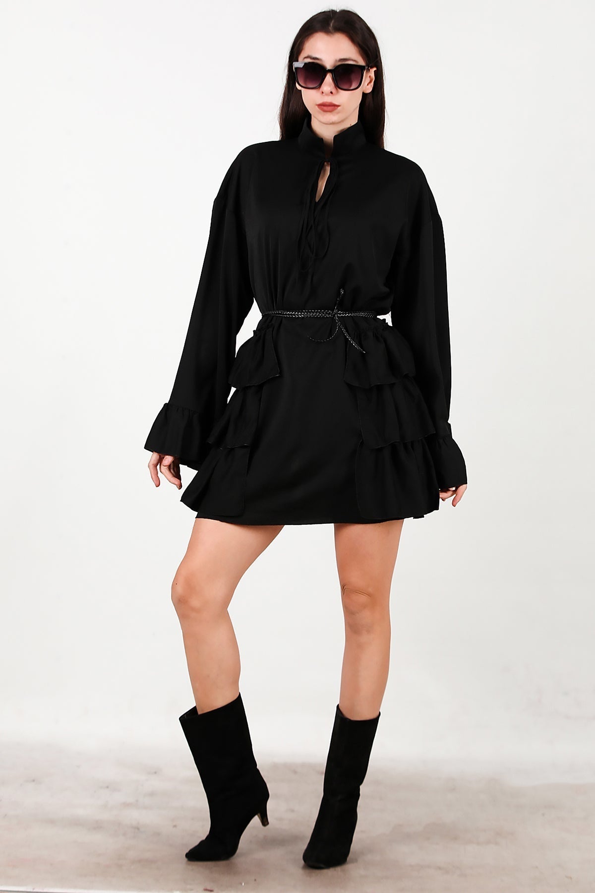 Dress With Side And Sleeve - Edge Ruffles – Black