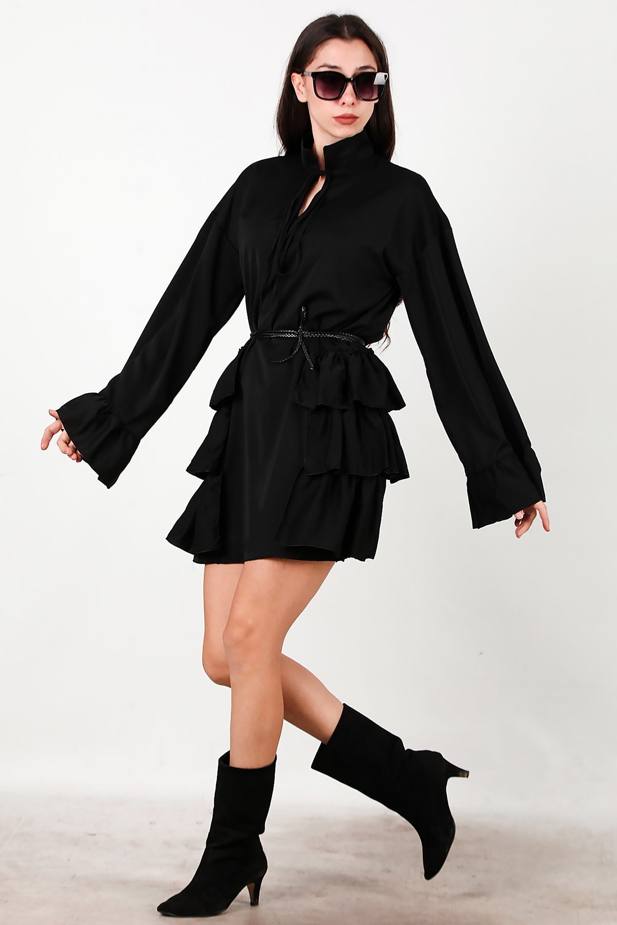 Dress With Side And Sleeve - Edge Ruffles – Black