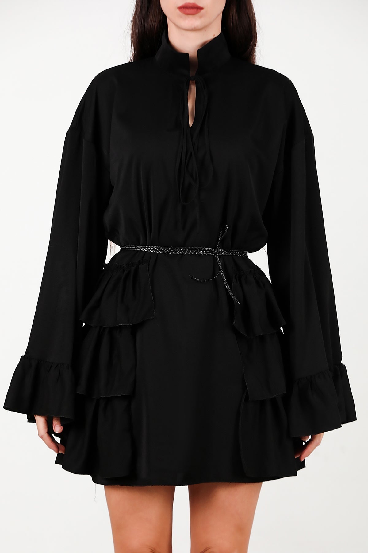 Dress With Side And Sleeve - Edge Ruffles – Black