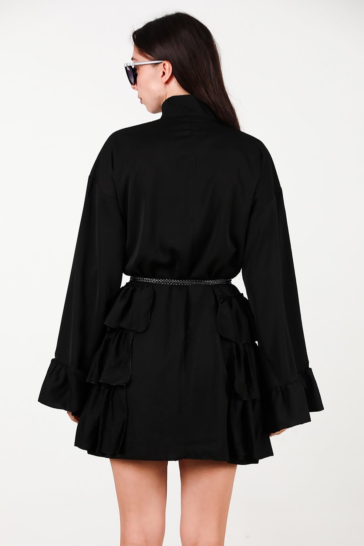 Dress With Side And Sleeve - Edge Ruffles – Black