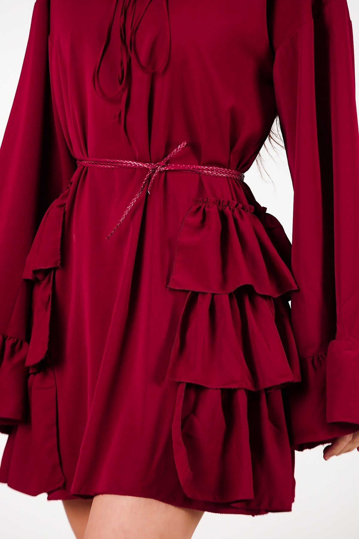 Dress With Side And Sleeve Ruffles — Burgundy