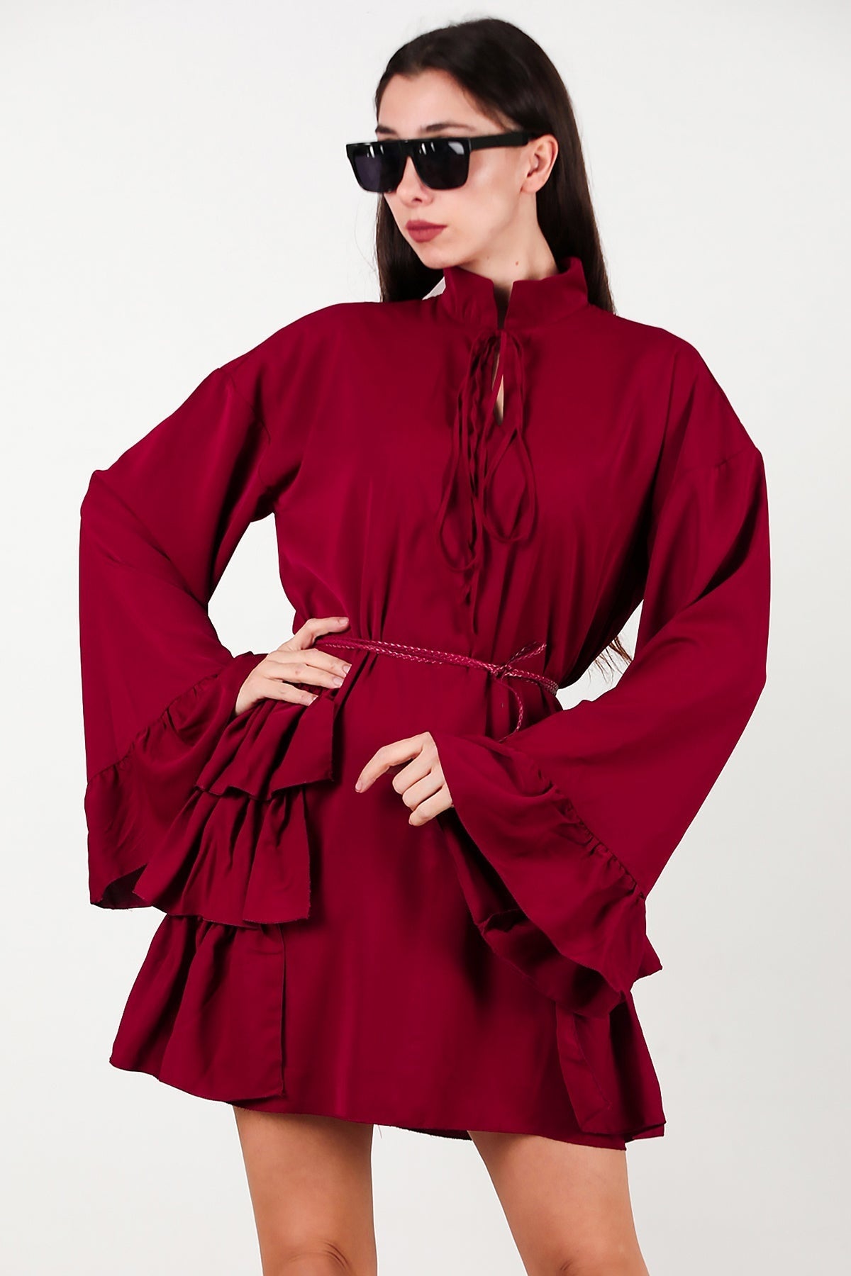 Dress With Side And Sleeve Ruffles — Burgundy