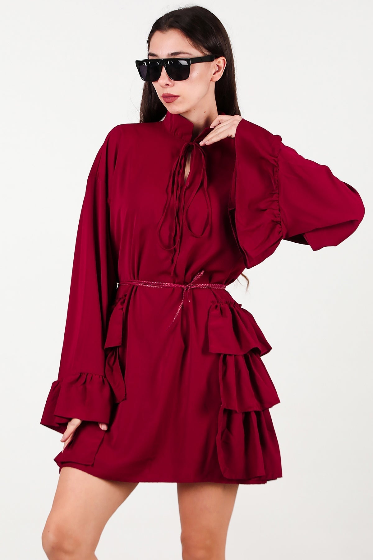 Dress With Side And Sleeve Ruffles — Burgundy