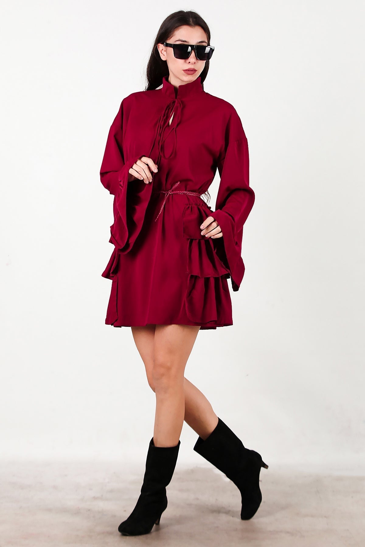 Dress With Side And Sleeve Ruffles — Burgundy