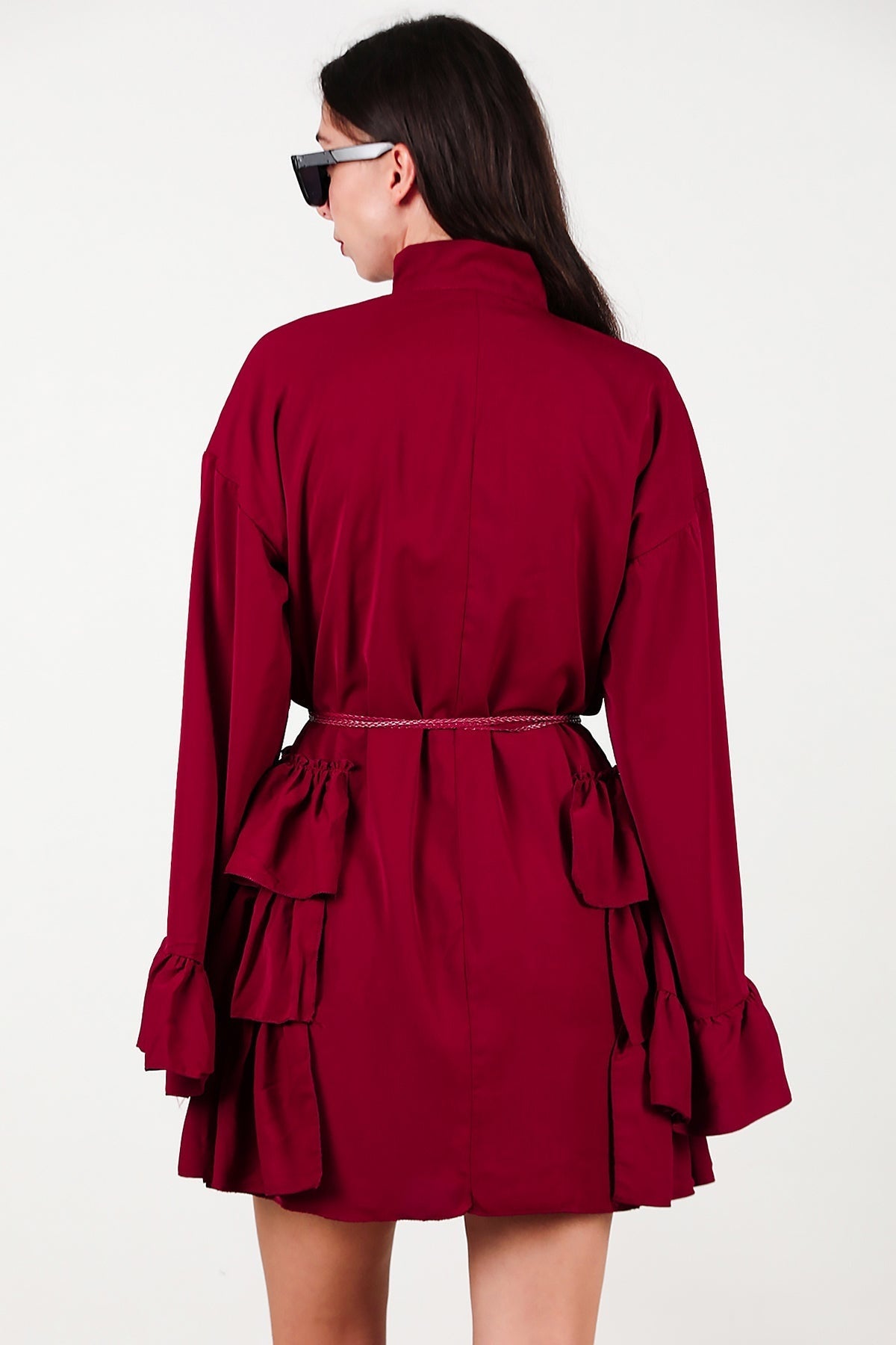 Dress With Side And Sleeve Ruffles — Burgundy