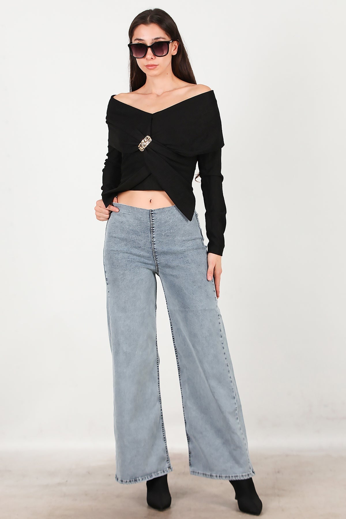 Wide‑Leg Jeans With Elastic Waist — Blue