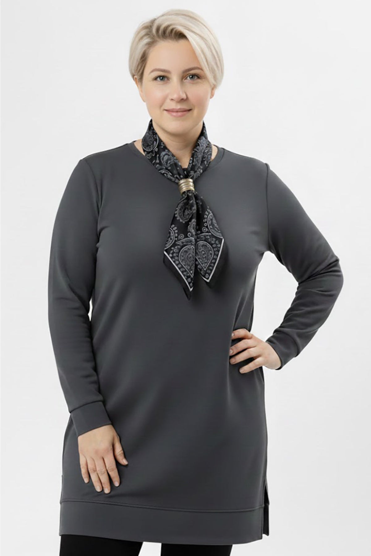 Plus - Size Tunic With Scarf — Charcoal
