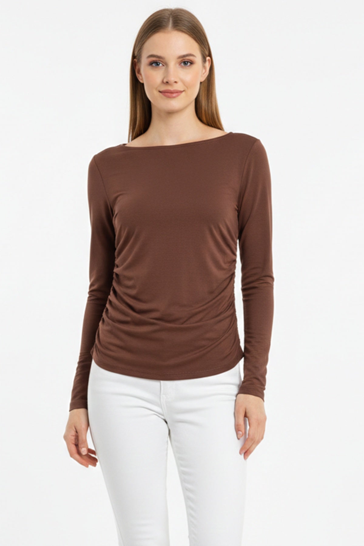 Boat - Neck Ruched Body Top — Brown