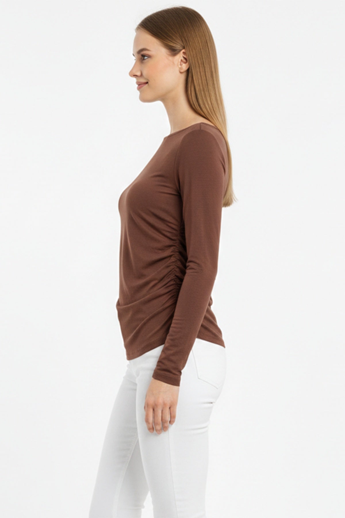Boat - Neck Ruched Body Top — Brown