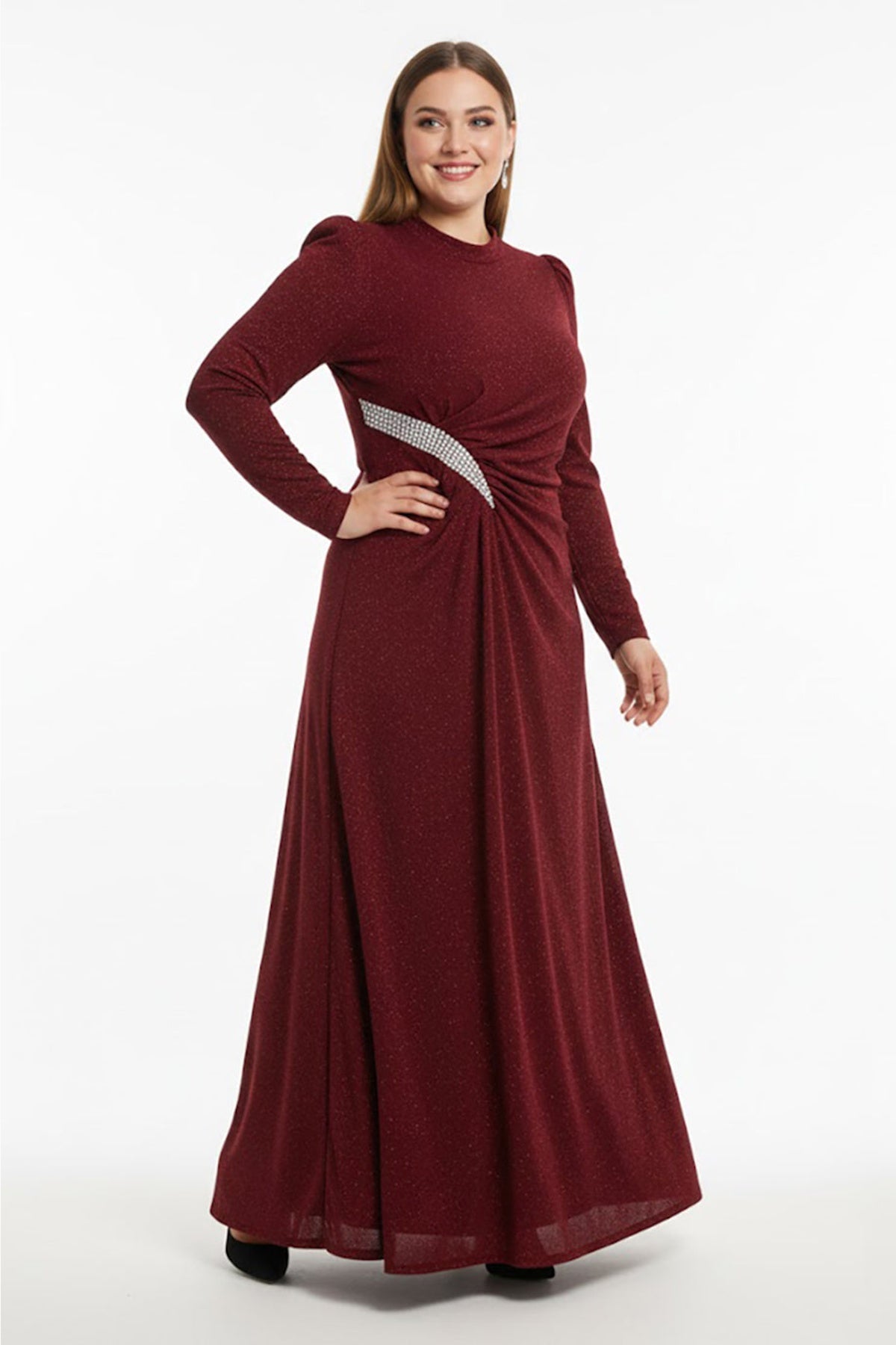 Plus‑Size Long‑Sleeve Evening Dress With Stone‑Embellished Waist — Burgundy