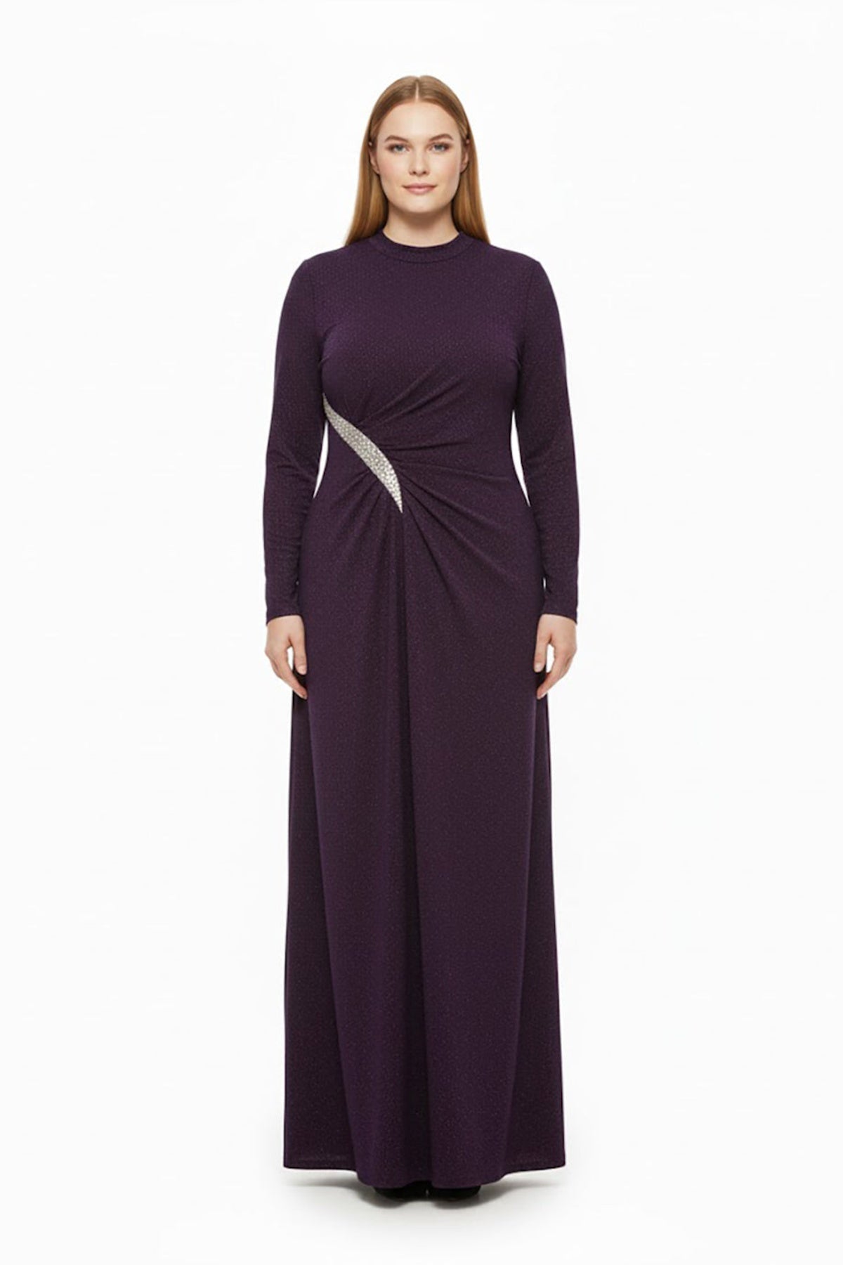 Plus‑Size Long‑Sleeve Evening Dress With Stone‑Embellished Waist — Purple