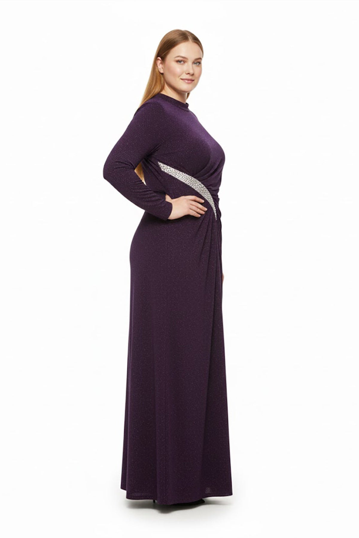 Plus‑Size Long‑Sleeve Evening Dress With Stone‑Embellished Waist — Purple