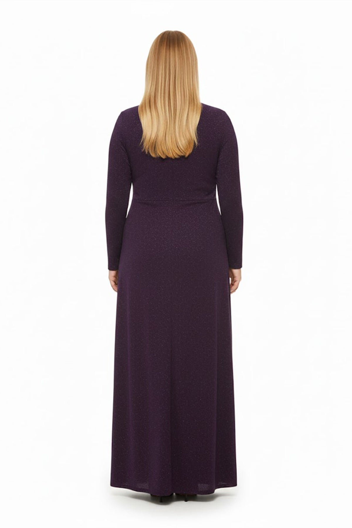 Plus‑Size Long‑Sleeve Evening Dress With Stone‑Embellished Waist — Purple
