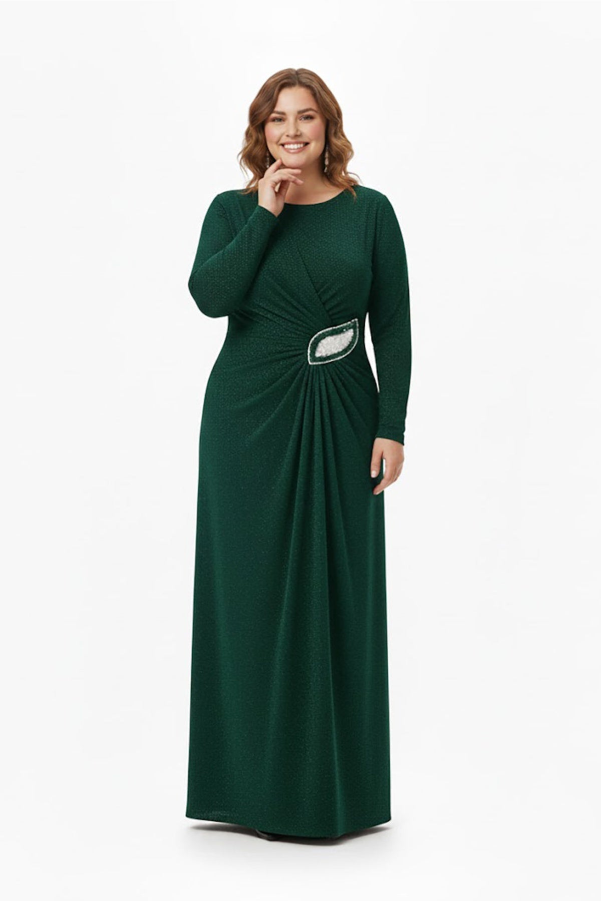 Plus - Size Long - Sleeve Evening Dress With Embellished Waist — Green