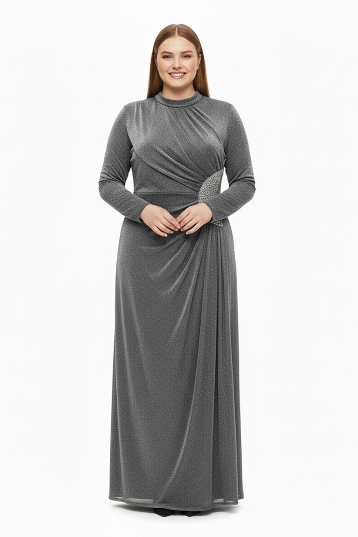 Plus‑Size Long‑Sleeve Evening Dress With Stone‑Detail Waist — Grey