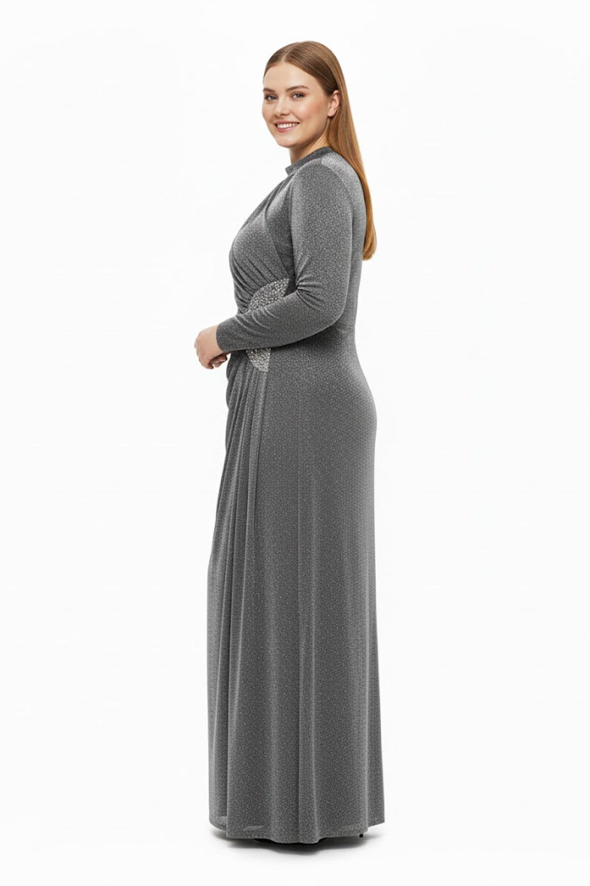 Plus‑Size Long‑Sleeve Evening Dress With Stone‑Detail Waist — Grey