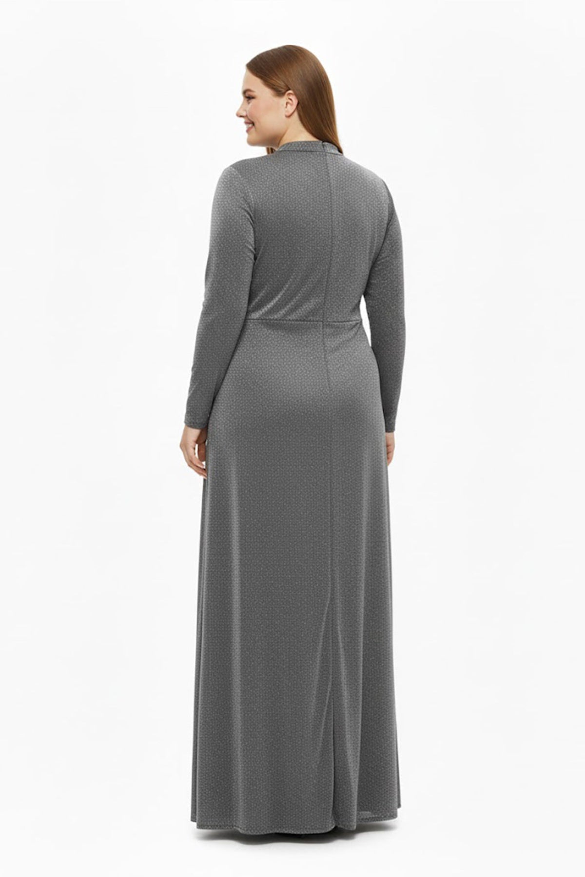 Plus‑Size Long‑Sleeve Evening Dress With Stone‑Detail Waist — Grey