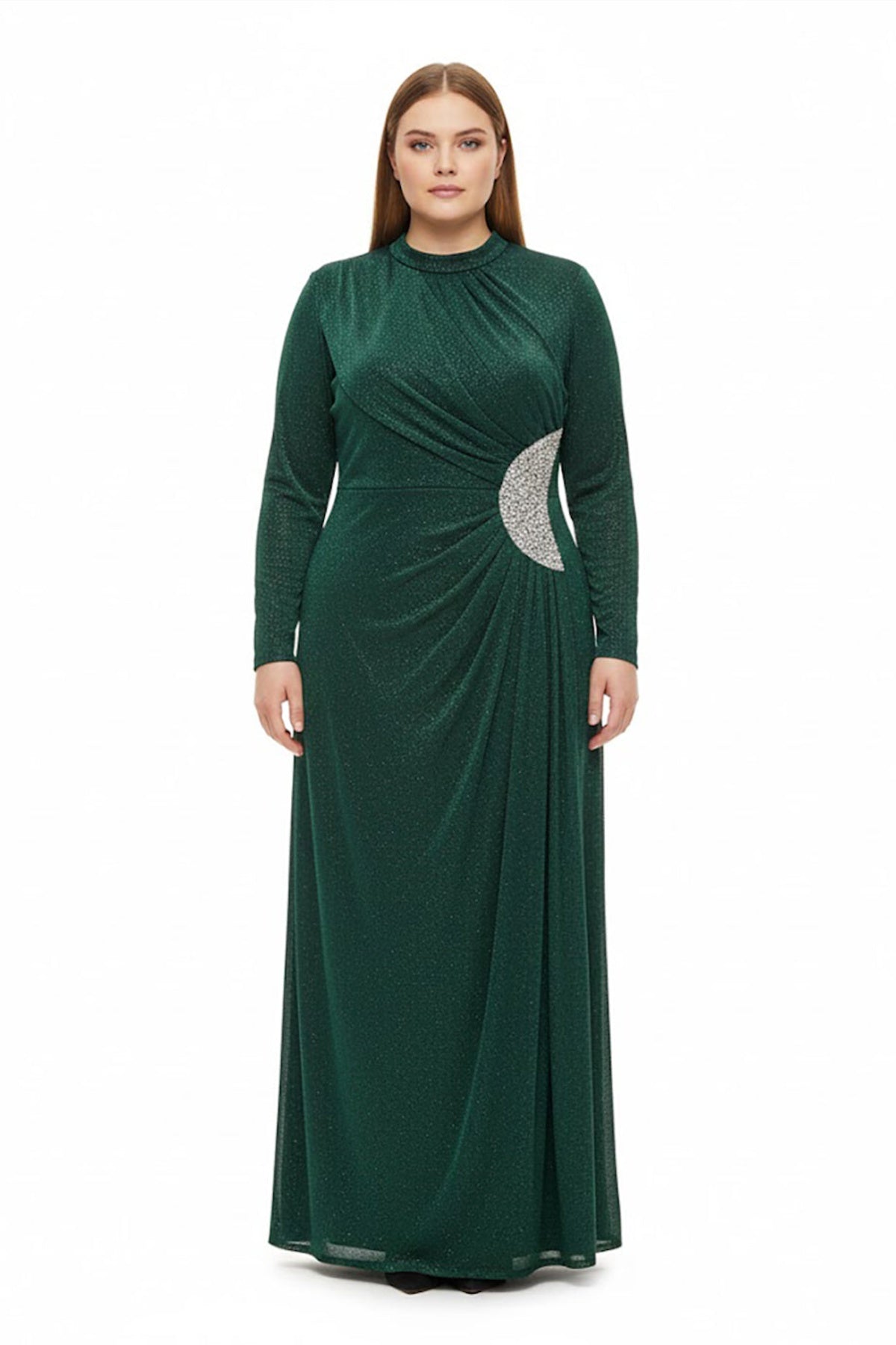 Plus‑Size Long‑Sleeve Evening Dress With Stone‑Detail Waist — Green