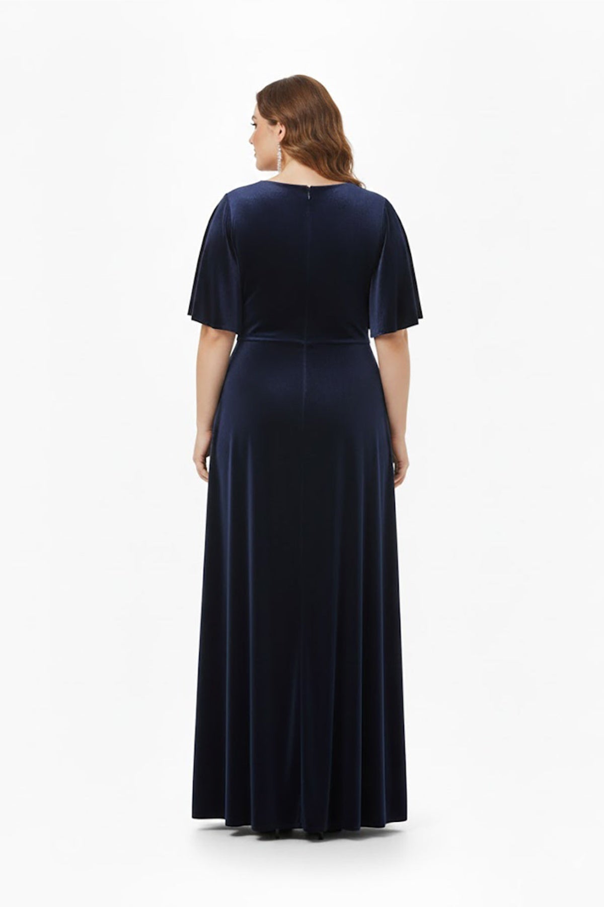 Plus‑Size Short‑Sleeve Evening Dress With Stone‑Detail Waist — Navy