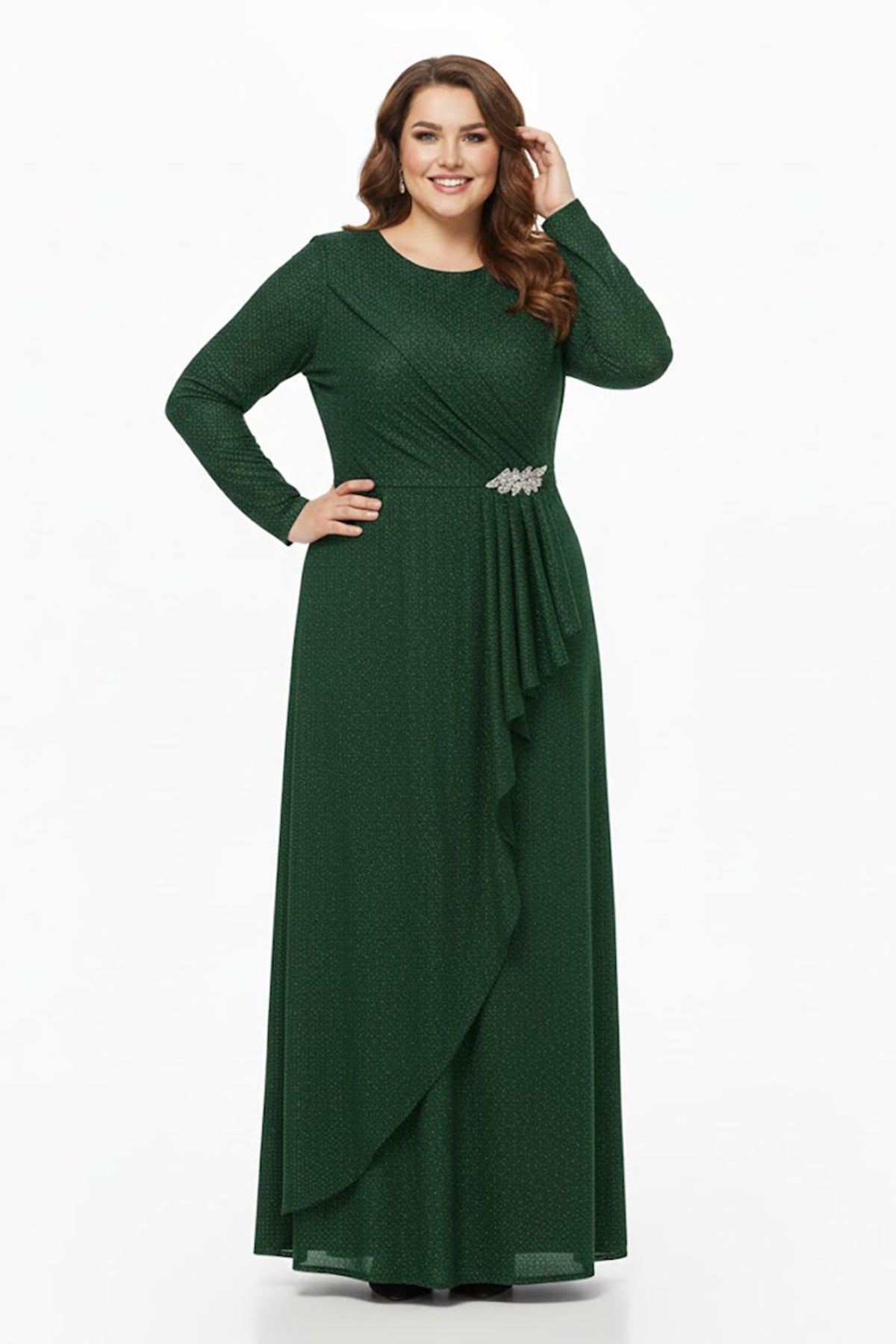Plus‑Size Long‑Sleeve Evening Dress With Waist Detail — Green