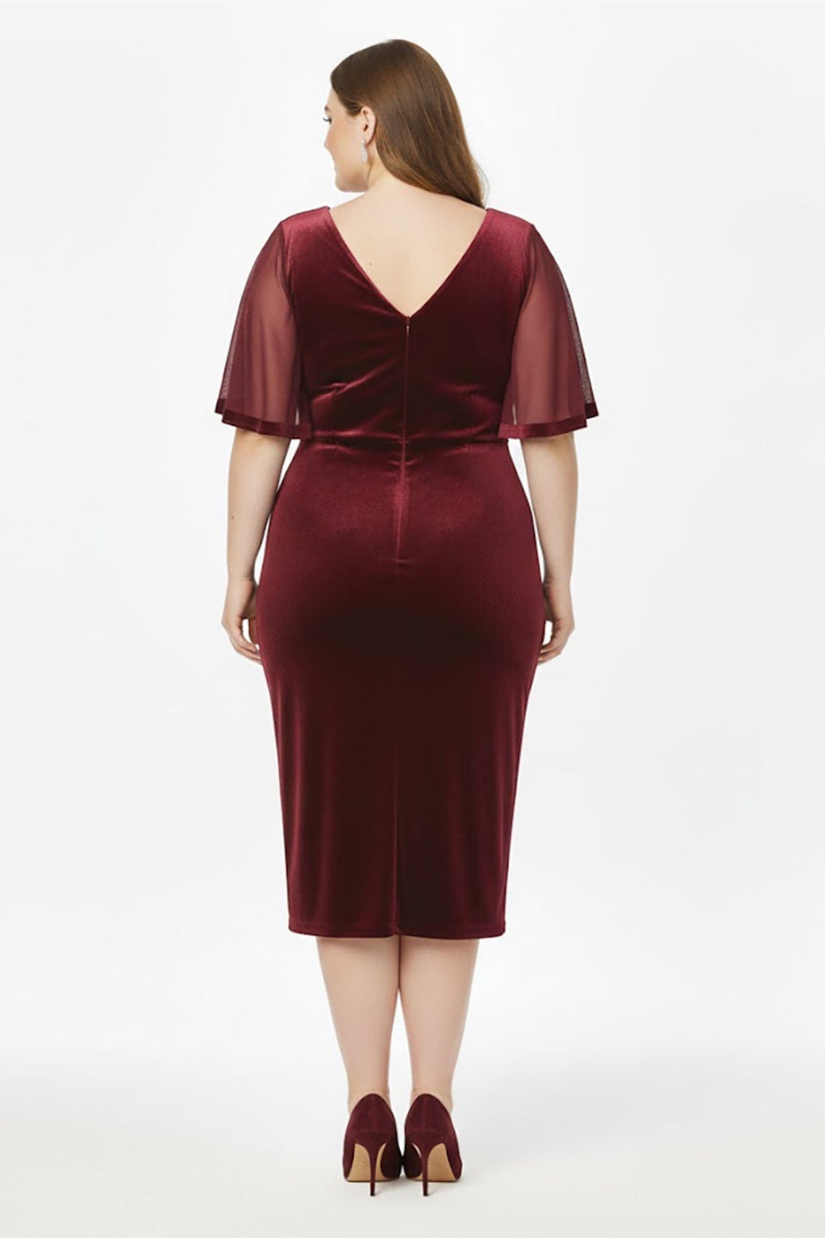 Plus - Size Velvet Evening Dress With Stone - Detail Waist And Tulle Sleeves In Burgundy