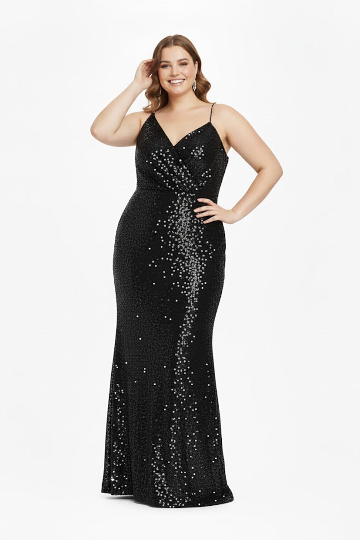 Plus - Size One - Shoulder Sequin Velvet Gown - Black