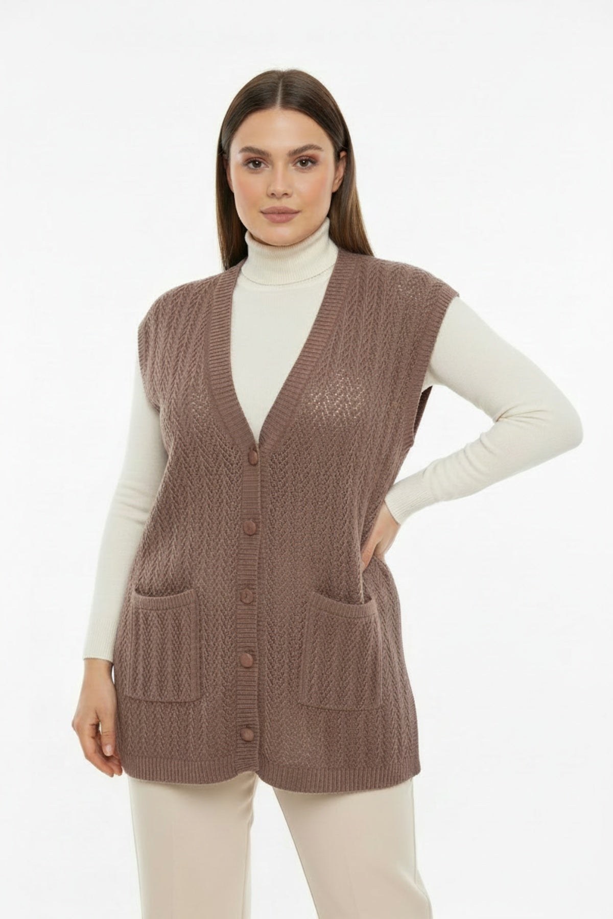 Plus - Size Patterned Vest — Light Brown