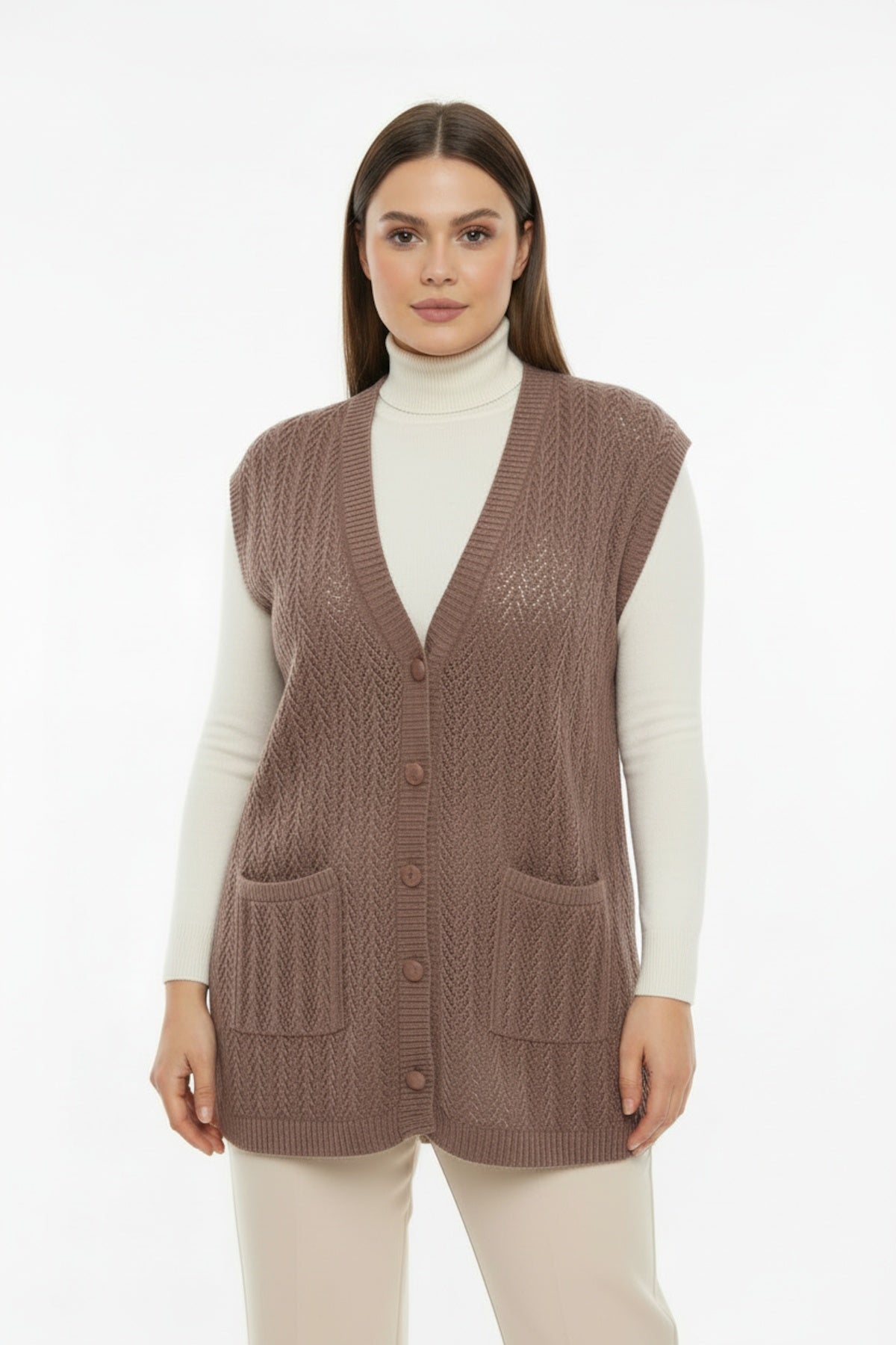 Plus - Size Patterned Vest — Light Brown