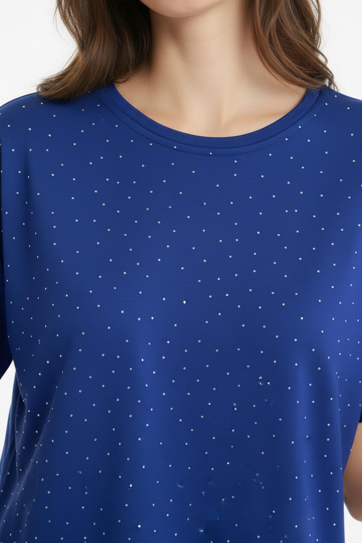 Women's Rounded‑Hem T‑Shirt With Stone Embellishments — Navy