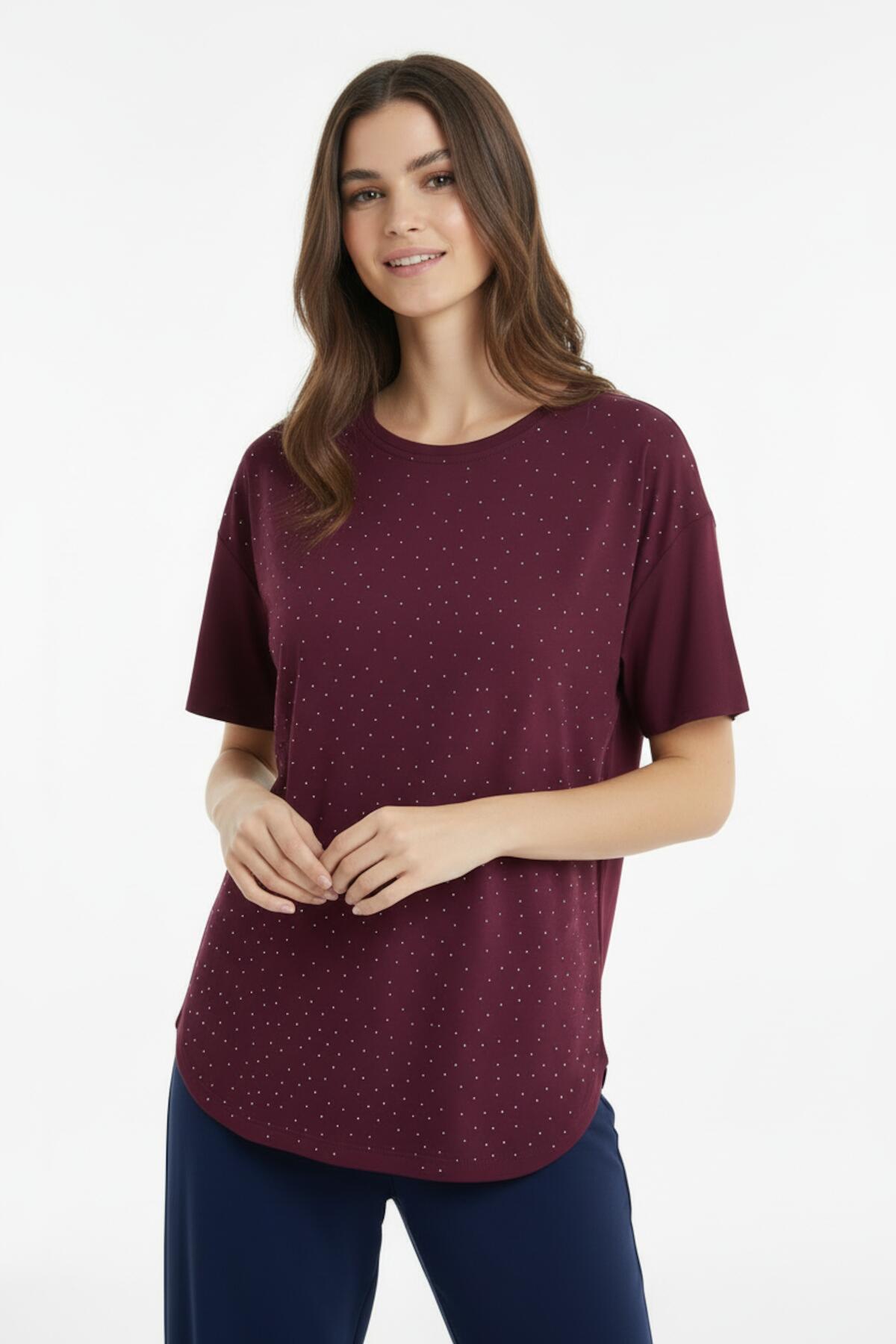 Women's Embellished Oval - Hem T - Shirt — Burgundy