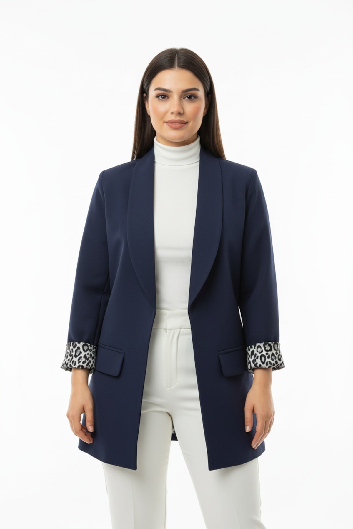 Shawl - Collar Leopard - Lined Blazer — Navy