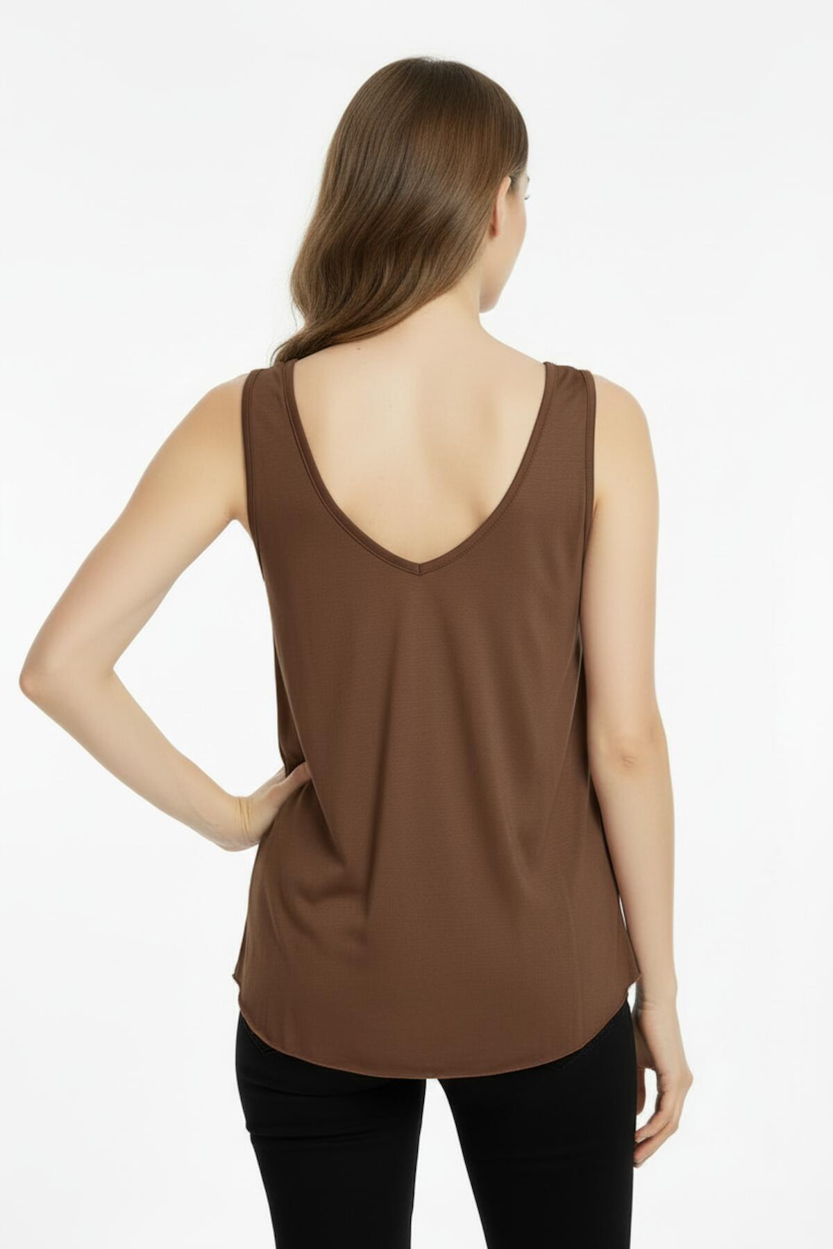 Brown V - Neck Top With Rounded Hem