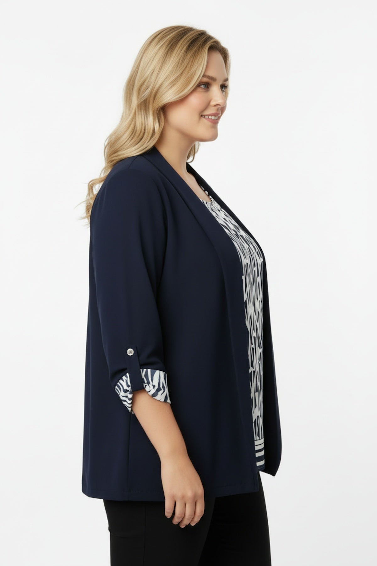 Plus - Size Navy Blazer & Blouse — Geometric Two - Piece Set