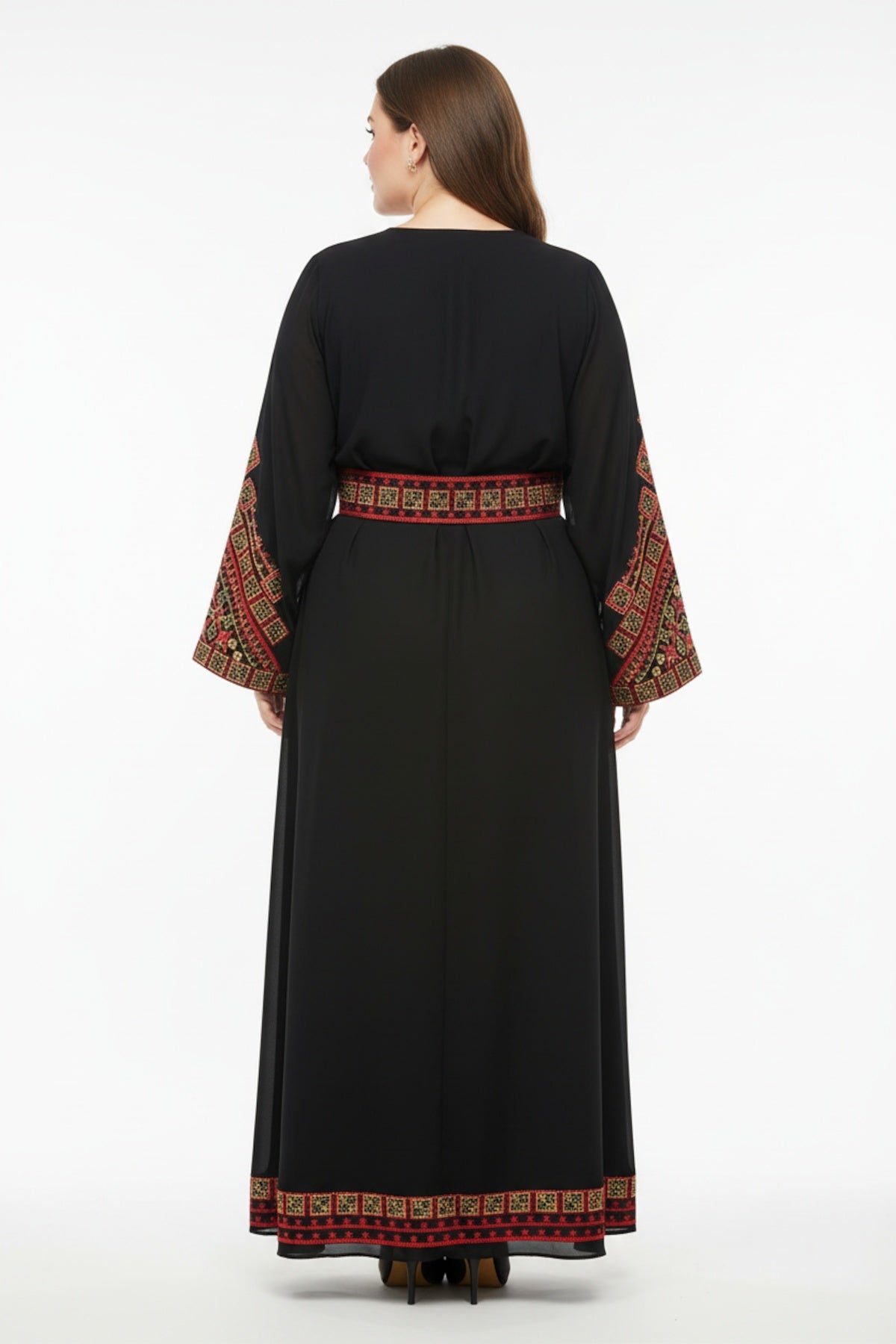 Ethnic Embroidered Dress With Sleeves, Shoulders And Belt — Black